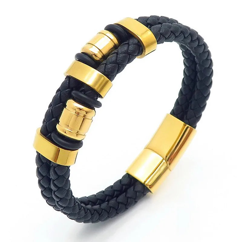 retro geometric pu leather titanium steel knitting plating men's wristband
