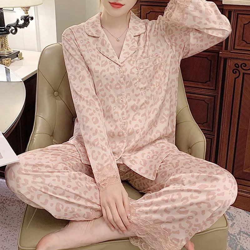 Pure Color Lace Splice Smooth Ice Silk Sleepwear Set Women Long Sleeve Long Pants Two Piece Set High-End Sensation Home Clothes