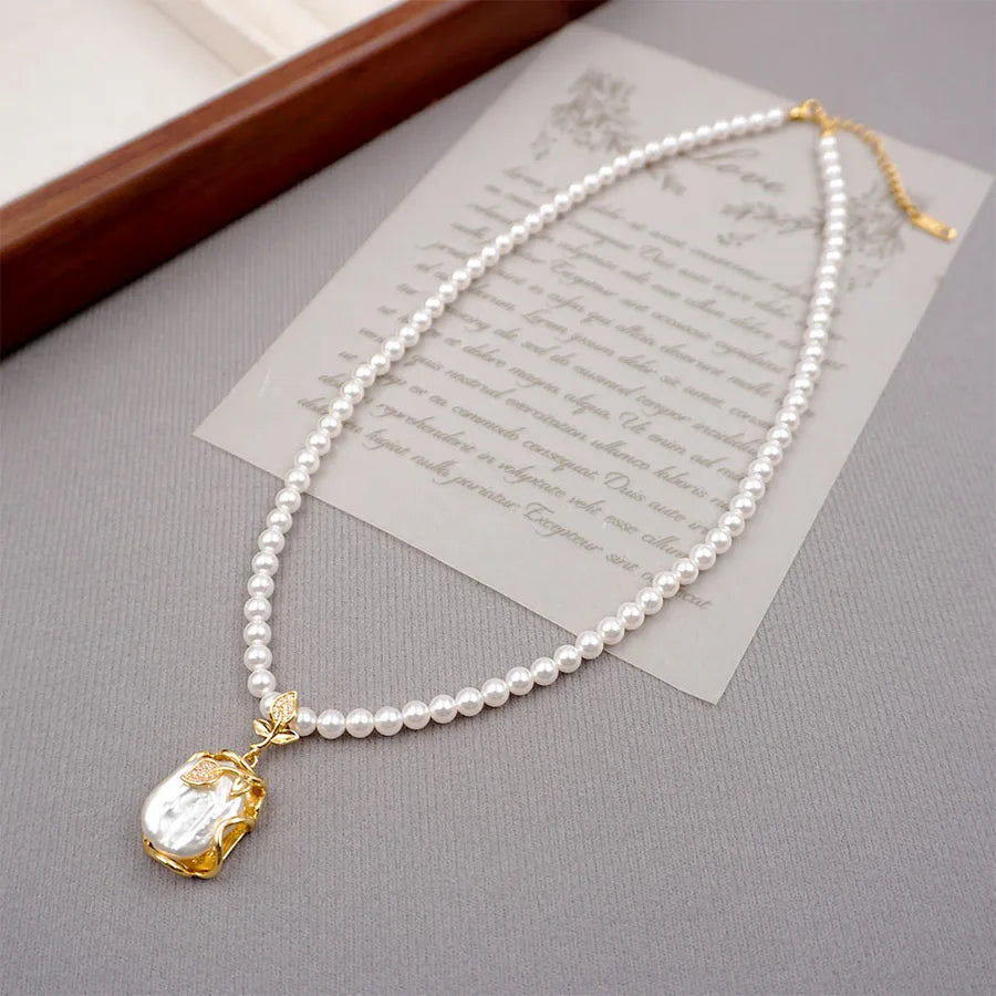 304 Stainless Steel Freshwater Pearl Copper Vacuum Plating Beaded Chain cable chain Leaves Pendant Necklace