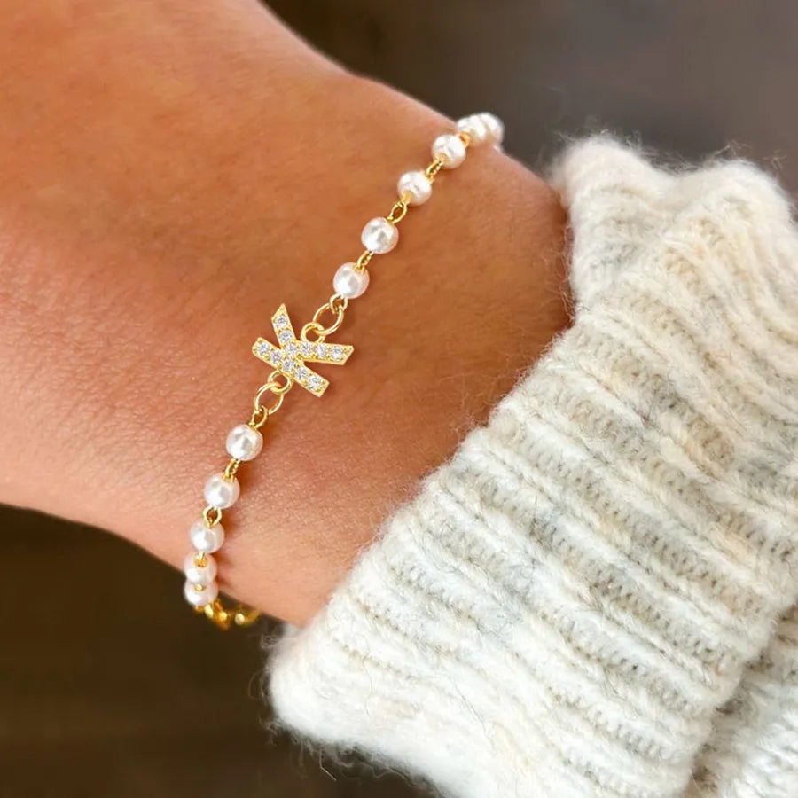 Elegant Simple Style Classic Style Letter 201 Stainless Steel Artificial Pearl Copper Bracelets 1 PCS/Package