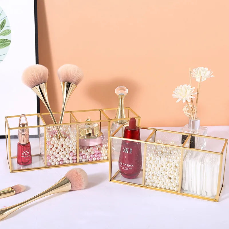 Nordic style golden glass compartment storage box transparent makeup brush storage bucket desktop beauty storage Golden Pen Holder