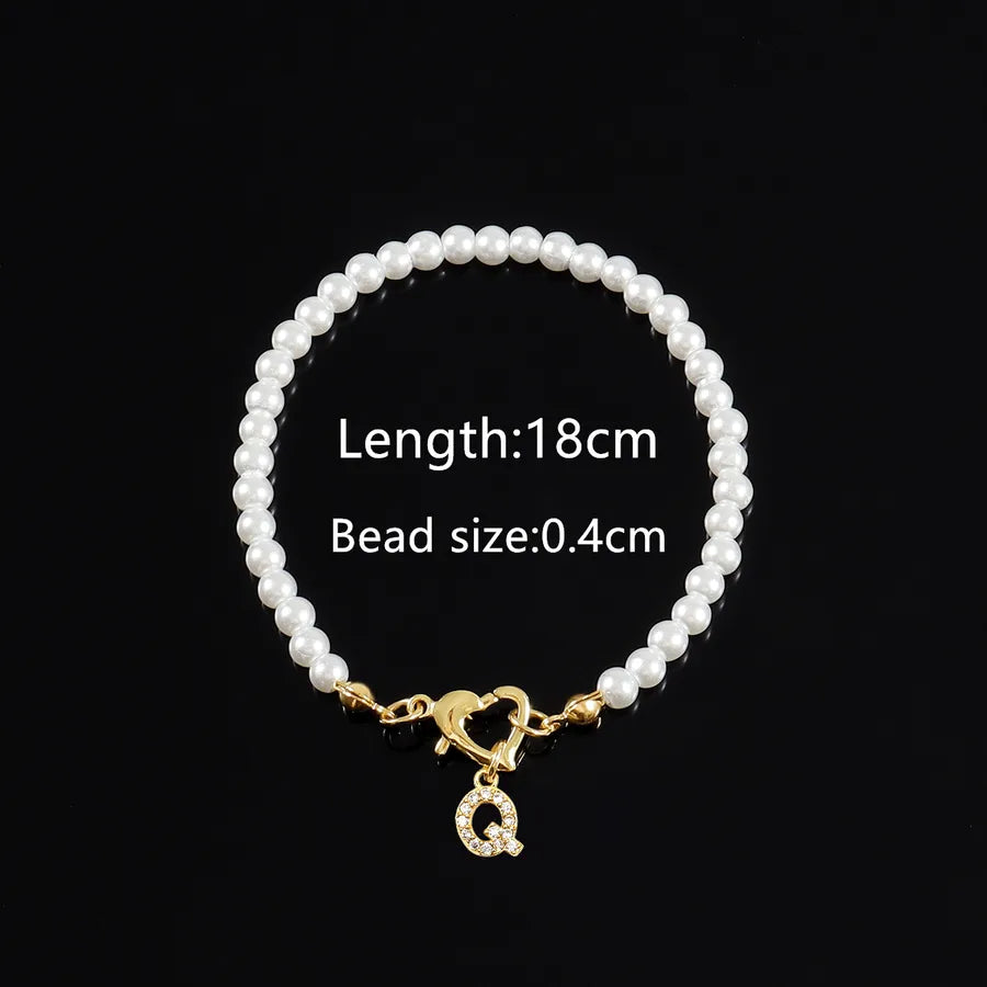 Elegant Classic Style Letter Heart Shape Zircon Artificial Pearl Copper Beaded Chain Beaded Bracelets Wholesale
