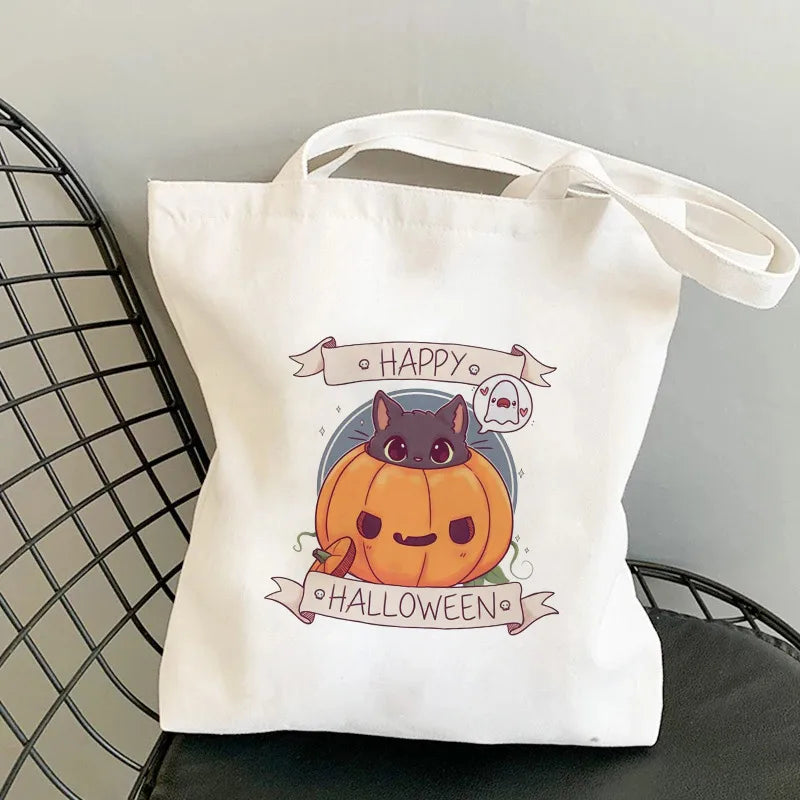 Halloween Women's Medium Canvas Pumpkin Cat Cute Square Open Underarm Bag