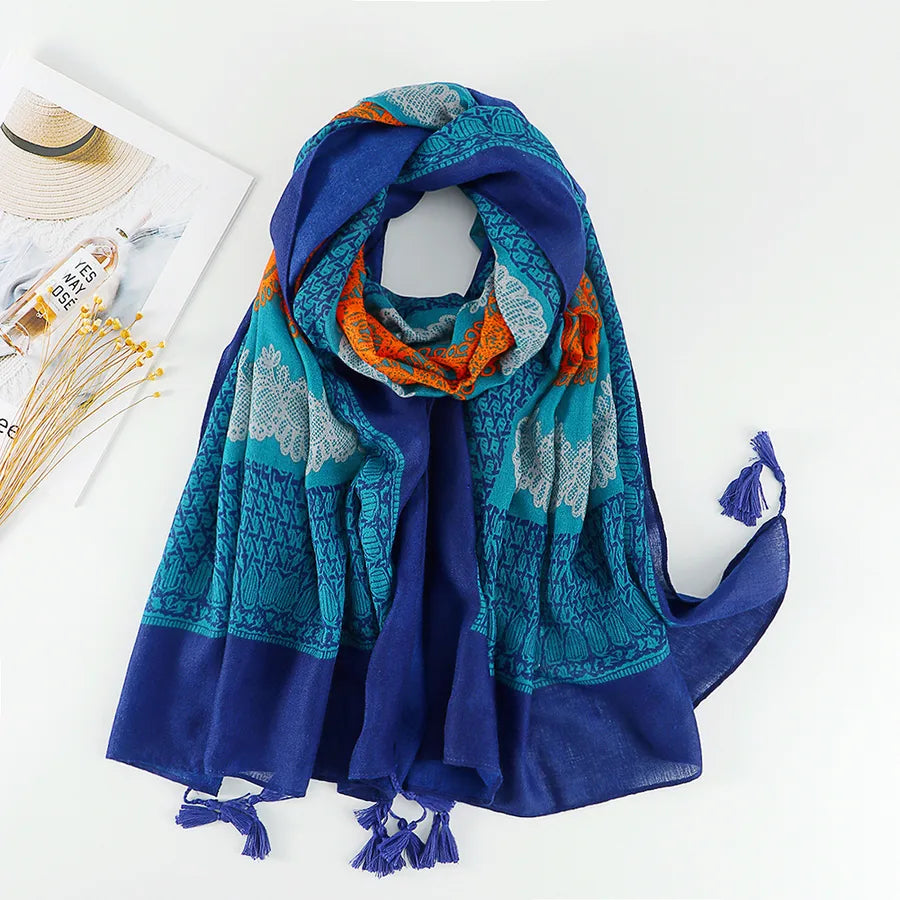 women's retro color block polyester printing scarf