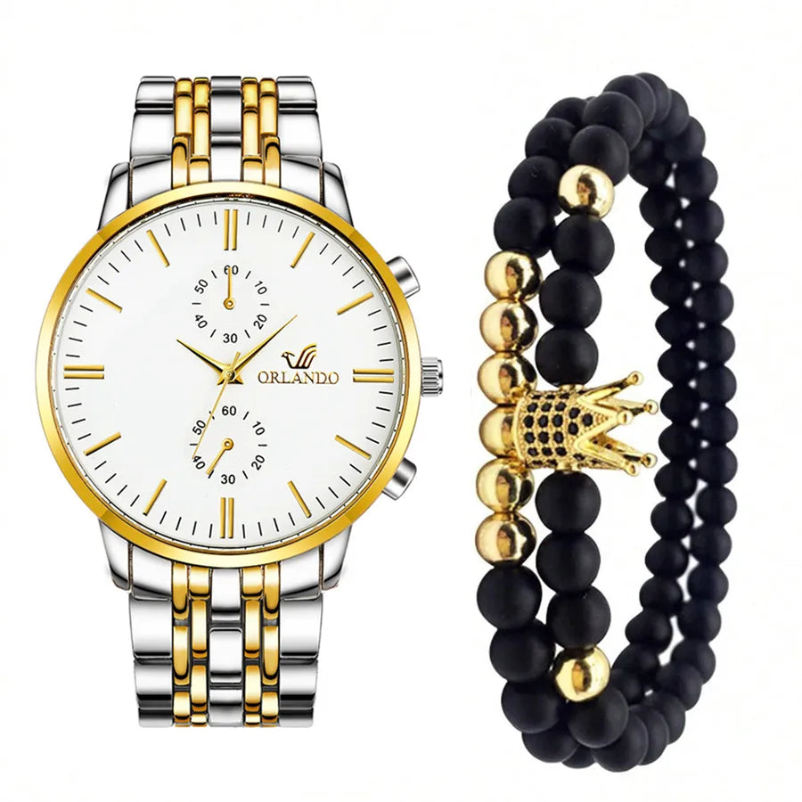 Crown Double Side Snaps Quartz Men's Watches & Bracelet Set