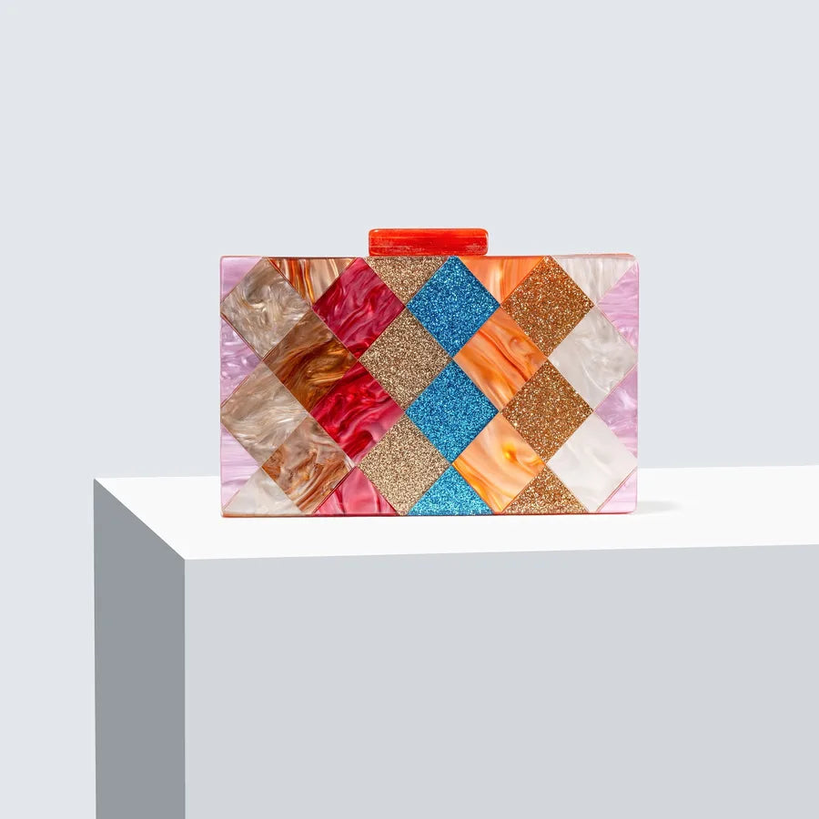 Champagne Orange Purple Arylic Color Block Square Evening Bags