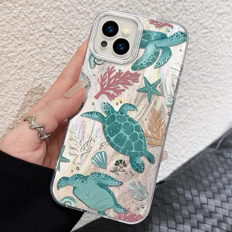 Blue Green Turtle Starfish Phone Case Compatible With Apple 16promax 15Plus 14 Personalized 13 12 Sets Cute Frosted PC Shell