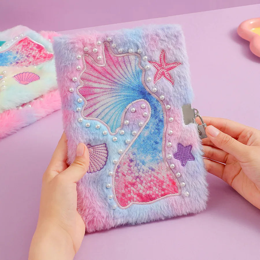 A5 Size Lockable Mermaid Tail Plush Notebook Cartoon Hard Cover Writing Diary For Students Children Gifts