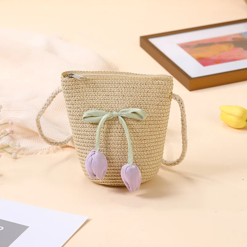 Summer Beach Seaside Tulip Straw Woven Bag  New Children Flower Straw Bag Mobile Phone Crossbody Bag
