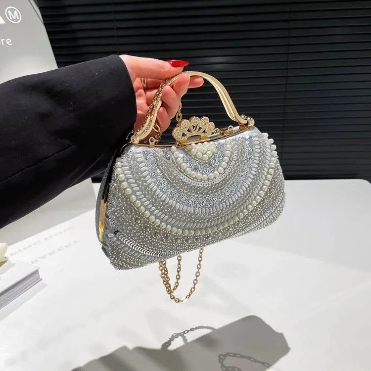 Summer New Beaded Metal Handbag Evening Bag Elegant Bride Clutch Box Bag Fashionable Ladies Chain Shoulder Crossbody Bag