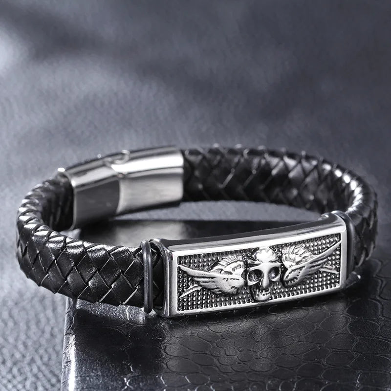 hip-hop retro color block stainless steel pu leather braid men's bangle