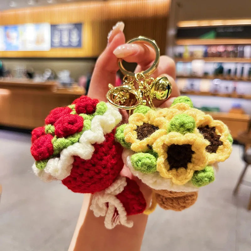 Original Plush Handheld Red Rose Sunflower Keychain Bag Pendant Valentine's Day Gift For Girls Cute And Soft Fabric Key Holder