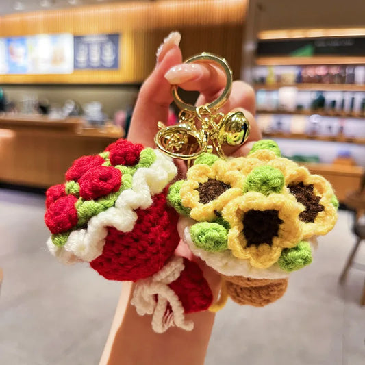 Original Plush Handheld Red Rose Sunflower Keychain Bag Pendant Valentine's Day Gift For Girls Cute And Soft Fabric Key Holder