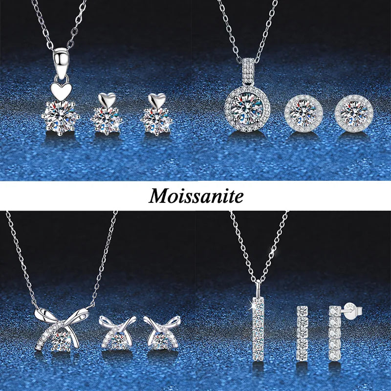 Moissanite 925 Sterling Silver Earrings Necklace Geometric White Gold Plated Earrings Necklace