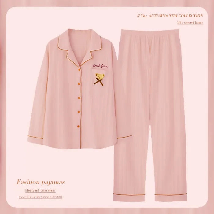 Spring Autumn Women's Long Sleeve Thin Casual Comfortable Home Clothes Set Polyester Milk Silk Medium Weight Sleepwear