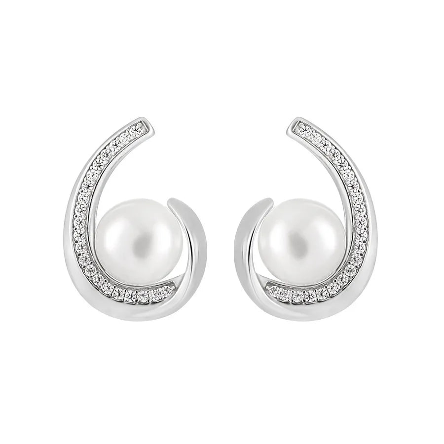 Elegant Luxurious Geometric Sterling Silver Freshwater Pearl Zircon Ear Studs 1 Pair