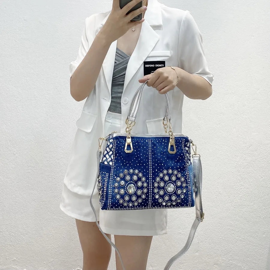 Women's Medium Canvas Geometric Vintage Style Streetwear Weave Square Zipper Tote Bag