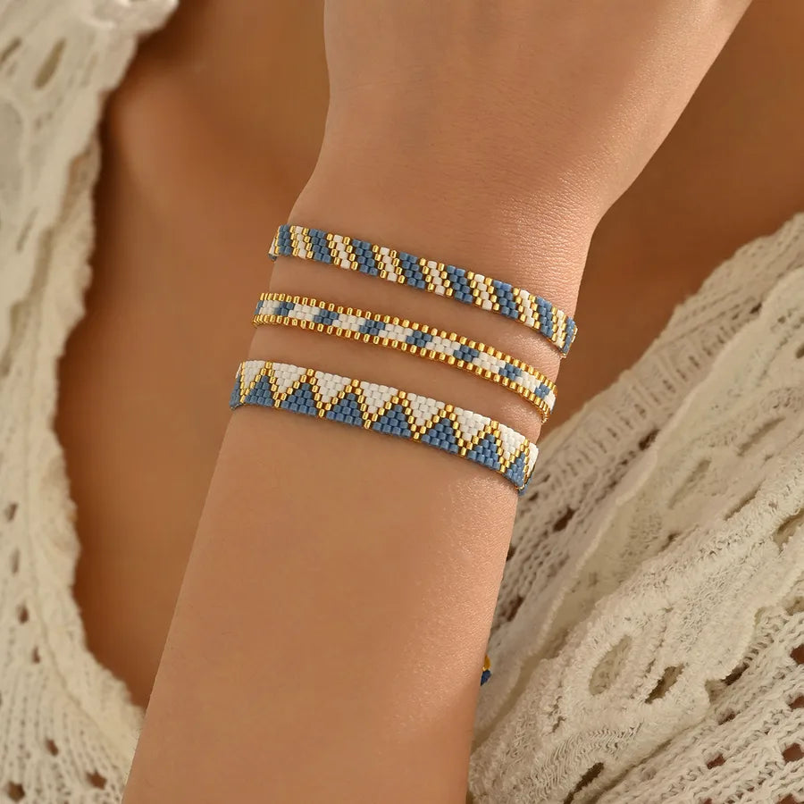 Elegant Bohemian Beach Gradient Color Mesh Lingge Nylon Glass Seed Bead Woven Chain Slider Clasp Closure Beaded Bracelets Wholesale