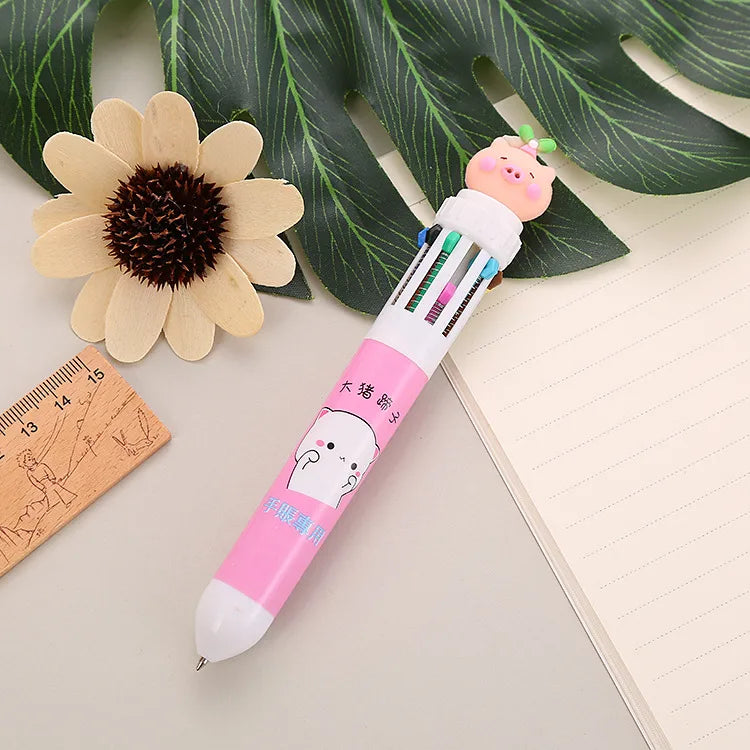 cartoon animal ten-color student stationery retractable ballpoint pen 1pcs