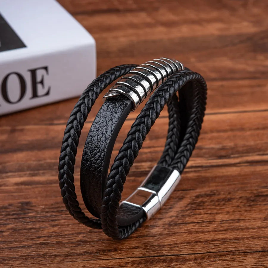 Casual Simple Style Geometric Pu Leather Metal Layered Men's Bracelets
