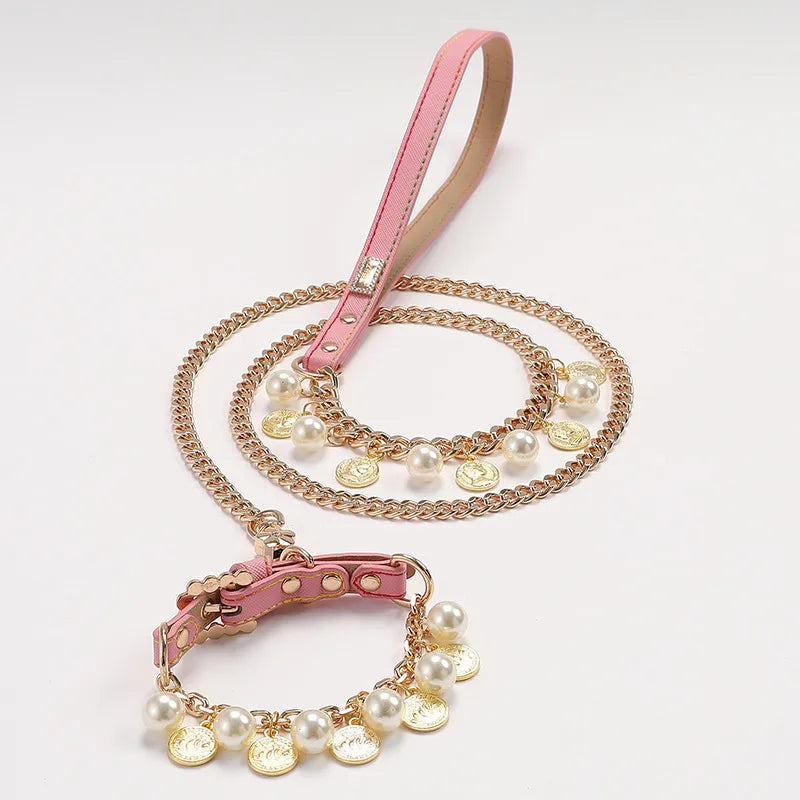 1 Piece All Seasons Elegant Cute Pu Leather Pearl Leash Pet Collar