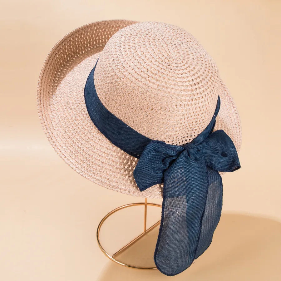 2022 new fashion bow ribbon straw sun protection beach hat for women