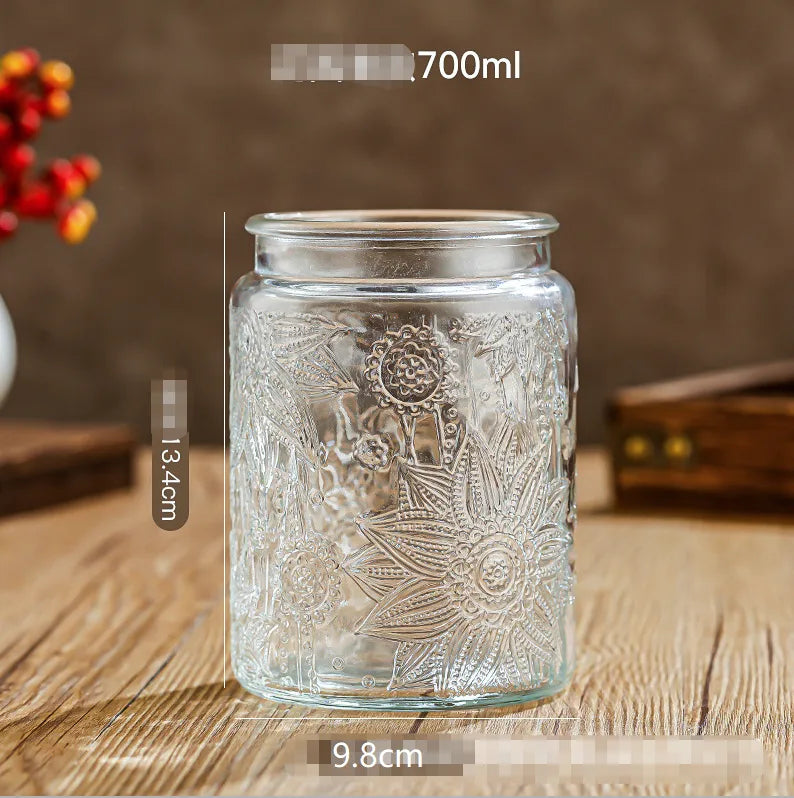 Glass Embossed Glass Sealed Jar Square Storage Jar Snack Dried Fruit Storage Jar Kitchen Household Glass Jar Vintage
