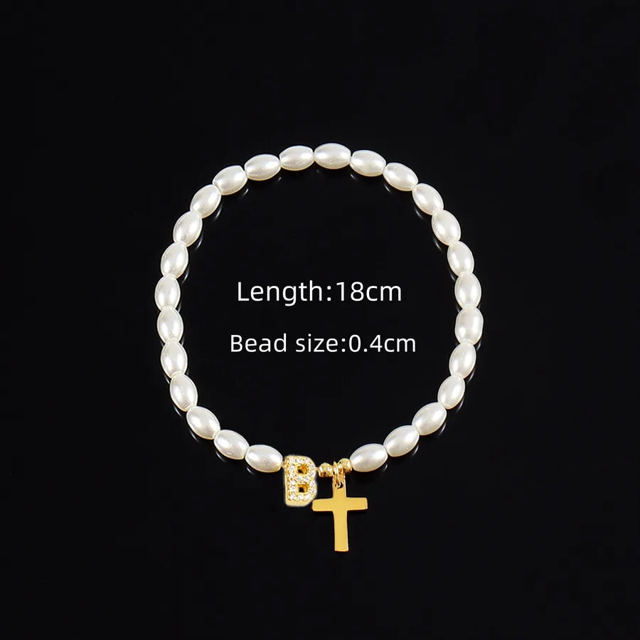 Simple Style Cross Letter 304 Stainless Steel Artificial Pearl Copper Beaded Chain Bracelets In Bulk