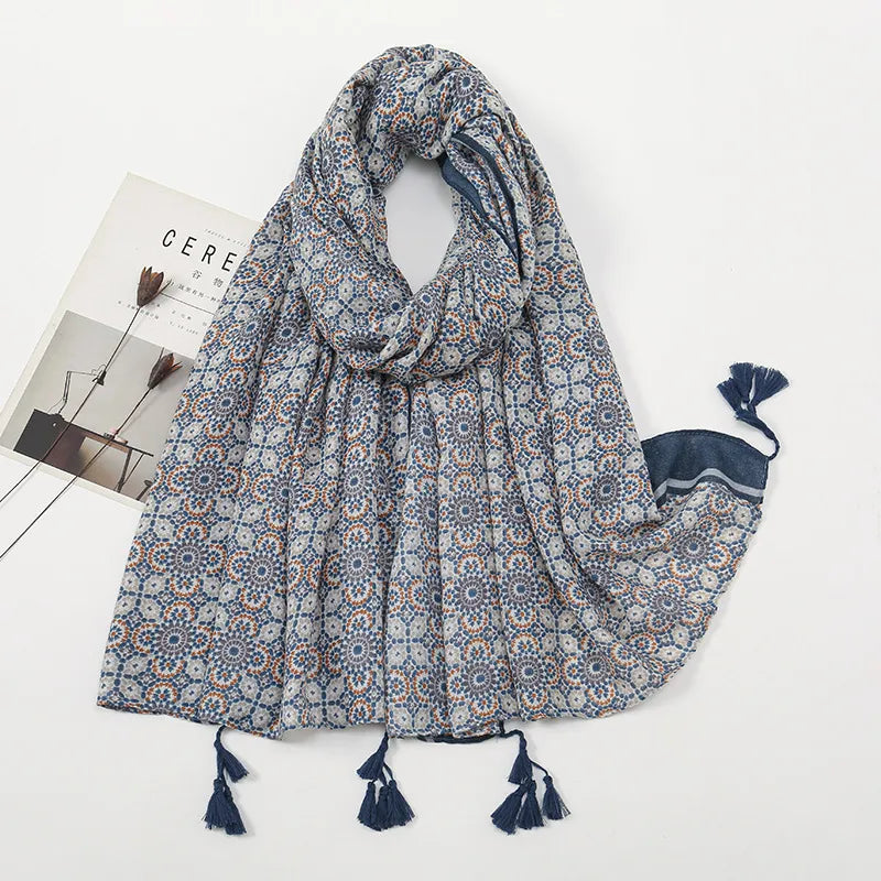 women's retro color block polyester printing scarf