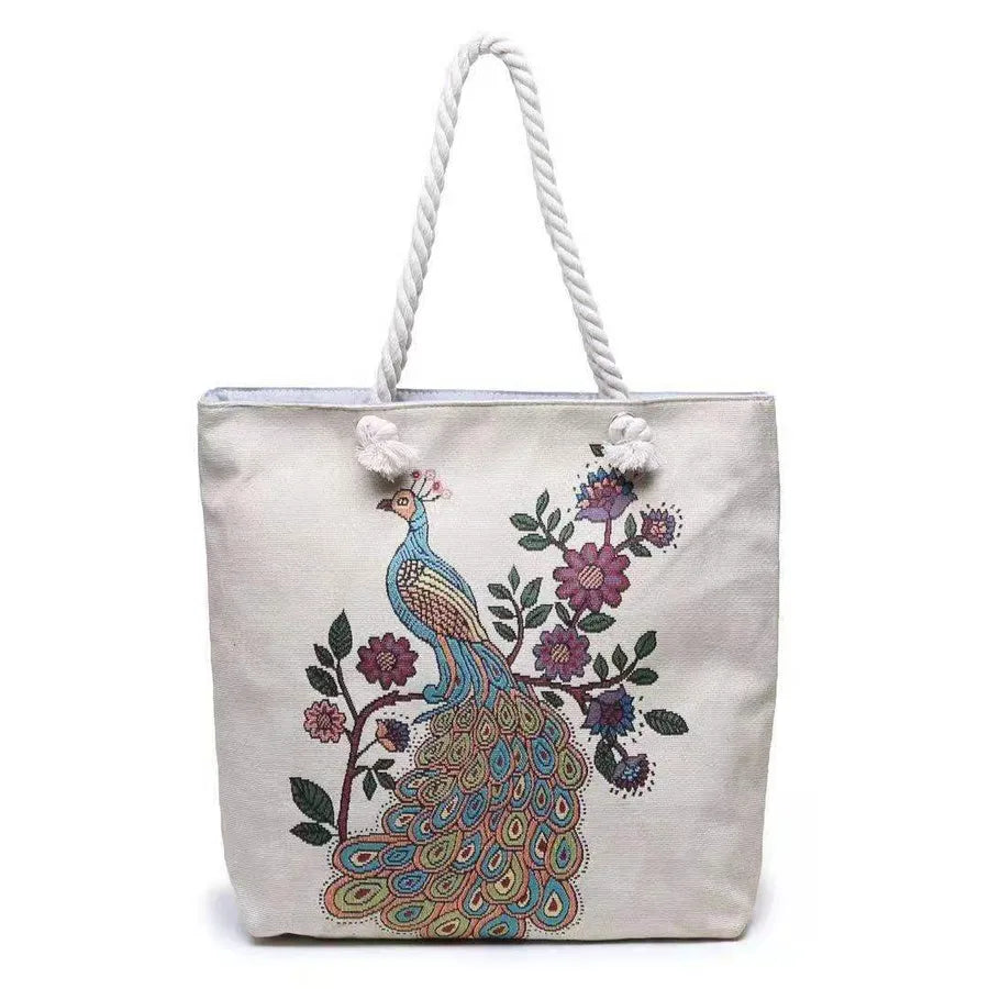 Women's Large Canvas Animal Cartoon Vacation Ethnic Style Bucket Zipper Tote Bag