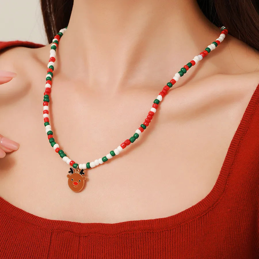 Christmas Themed Double Layered Necklace With Santa Claus Design Glass Beads Clavicle Chain Jewelry Accessory For Unisex Use