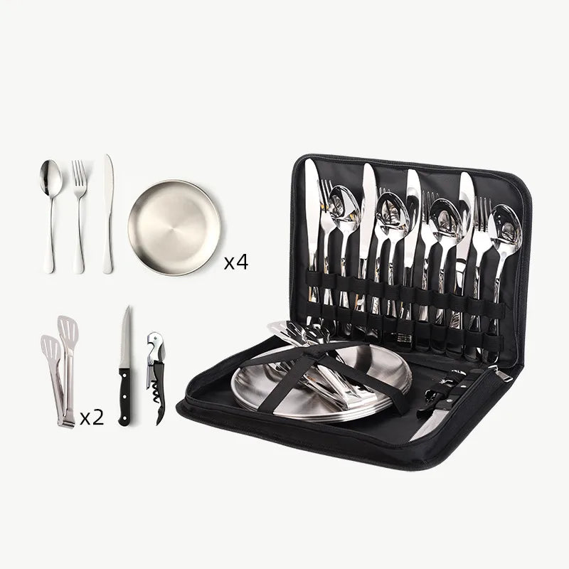 Outdoor travel stainless steel tableware camping picnic barbecue plate clip steak knife, fork and spoon suit portable storage bag