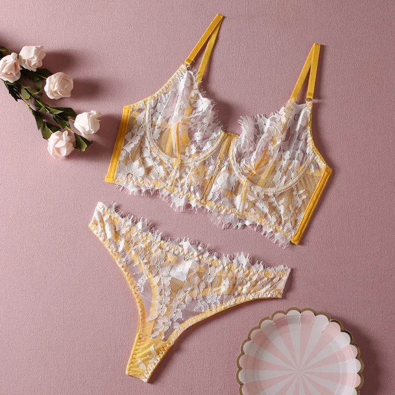 women's sexy flower sexy lingerie sets party see-through underwire bra low waist thong sexy lingerie