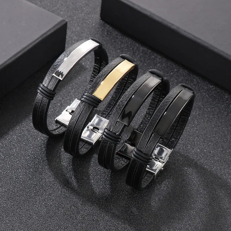 Hip-Hop Retro Color Block Pu Leather Titanium Steel Plating 18K Gold Plated Men's Bangle