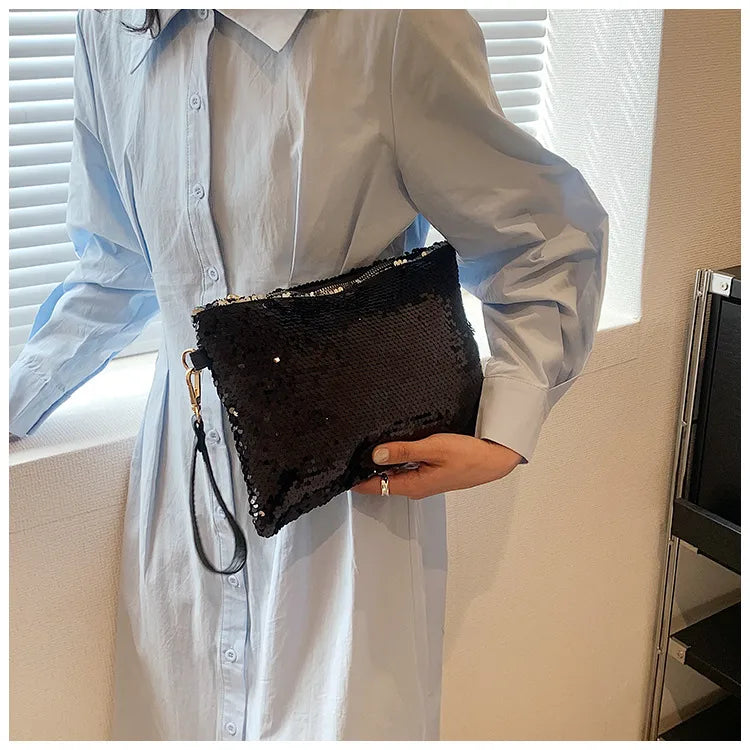 Women's Sequin Solid Color Elegant Square Zipper Clutch Bag