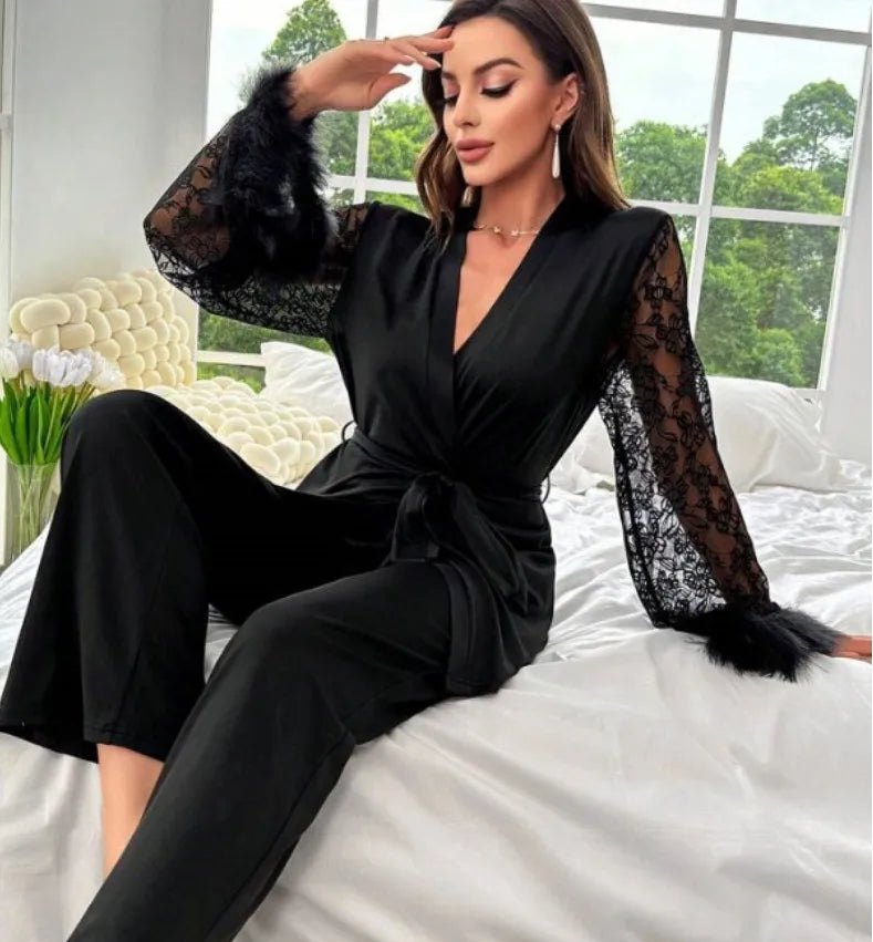 Home Women's Elegant Flower Polyester Milk Fiber Raw Hem Lace Pants Sets Pajama Sets