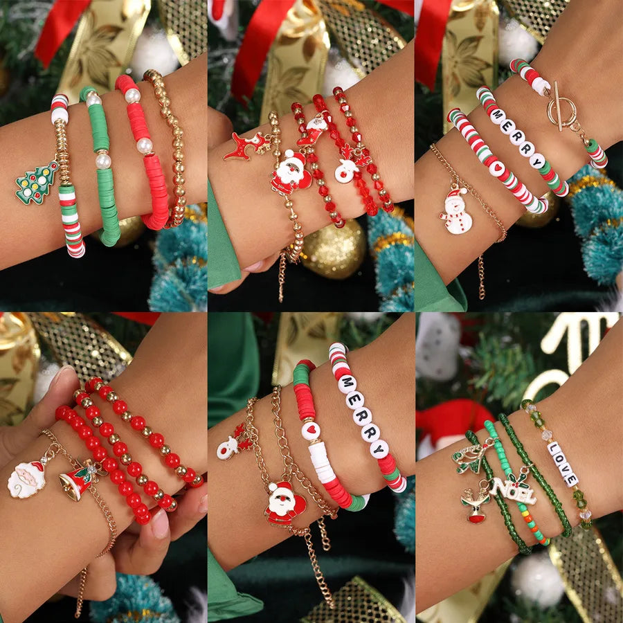 Christmas Deer Santa Claus Letter Bell Bracelet Set Soft Ceramics Cartoon Character Zinc Alloy Unisex