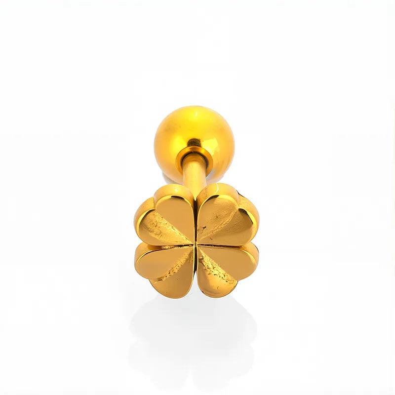 1 Piece Casual Nordic Style Punk Four Leaf Clover Wings Fish Tail Polishing Plating 316L Stainless Steel  Zircon 18K Gold Plated Screw Backs Ear Studs