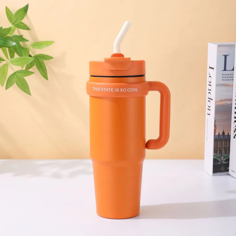 Giant 30Oz Handle Cup, 304 Stainless Steel Thermos Cup, Car Double Drinking Straw Large Ice Cup