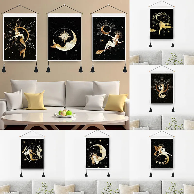 retro human starry sky moon polyester tapestry wall art