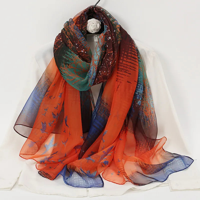 women's elegant lady color block high quality yarn printing silk scarf