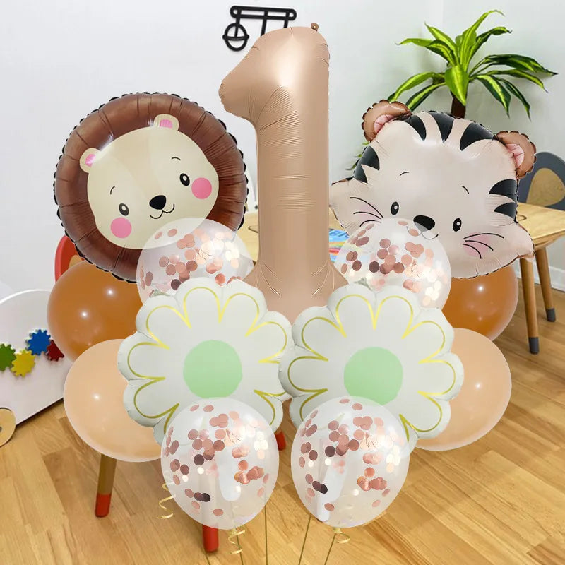 Retro Forest Tiger Lion Animal Balloon Set Caramel Digital Birthday Party Decoration Balloon Aluminum Foil Material