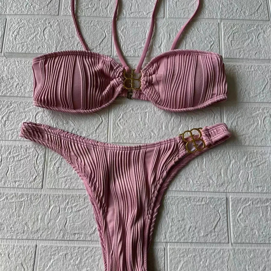 Women's Solid Color 2 Pieces Set Bikinis Swimwear