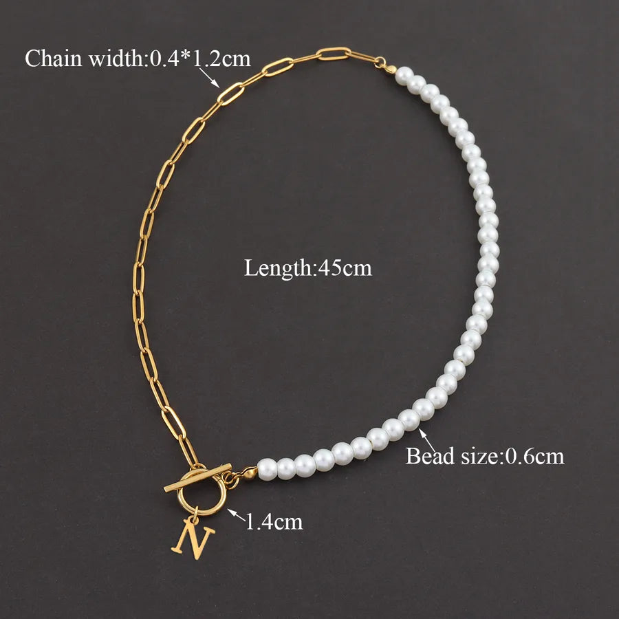 Casual Elegant Letter 201 Stainless Steel 304 Stainless Steel Artificial Pearl Beaded Chain Paperclip Chain Beaded Necklaces Wholesale