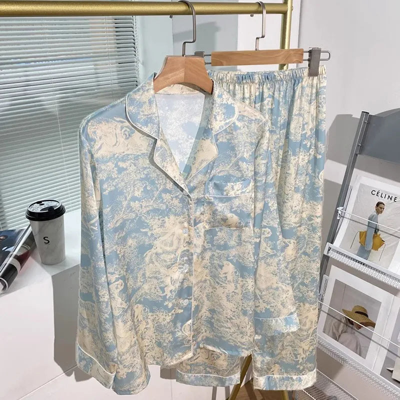 Pure Color Lace Splice Smooth Ice Silk Sleepwear Set Women Long Sleeve Long Pants Two Piece Set High-End Sensation Home Clothes