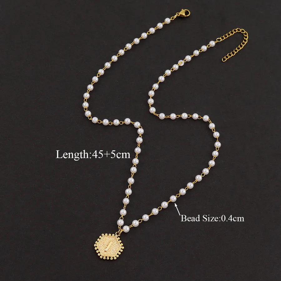 Elegant Simple Style Classic Style Hexagon Letter 304 Stainless Steel Imitation Pearl Beaded Necklaces Wholesale