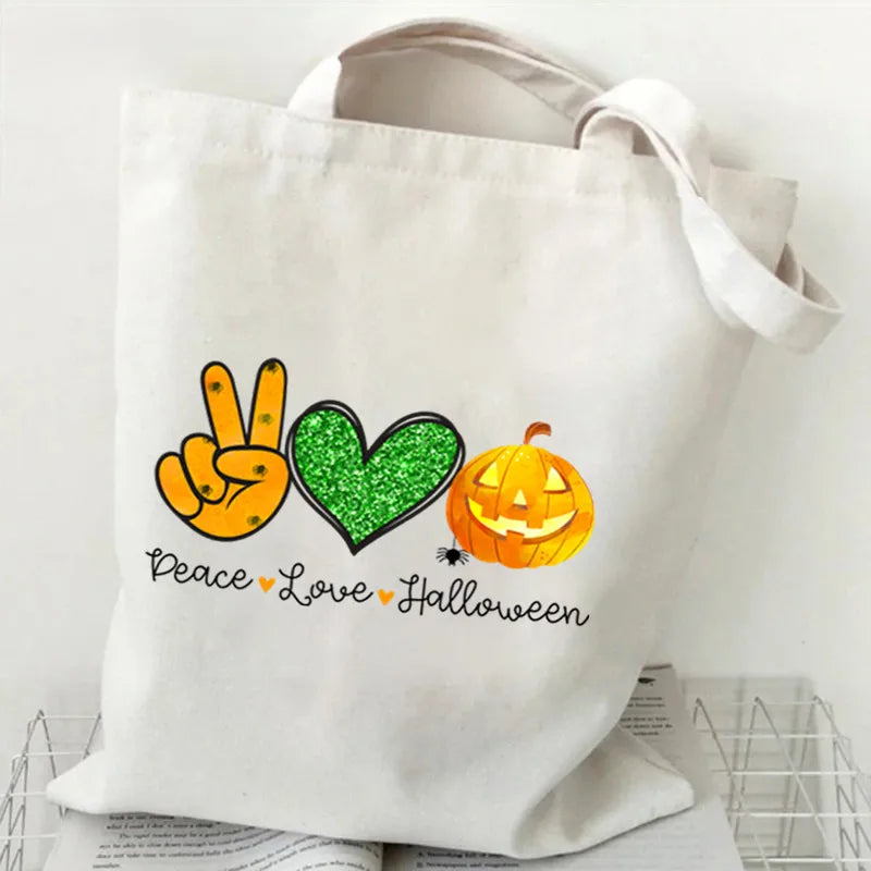 Halloween Cartoon Pumpkin Decorative Canvas Bag Student Handbag Shopping Commuter Bag Large Square Fashion Tote Bag