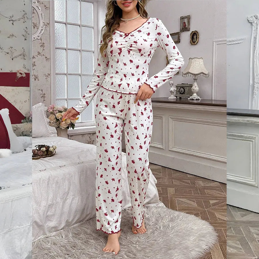 Ladies Fashion Floral Home Clothes Set V-neck Long Sleeve Spring Autumn Polyester Sleepwear Two-piece Polyester Chemise