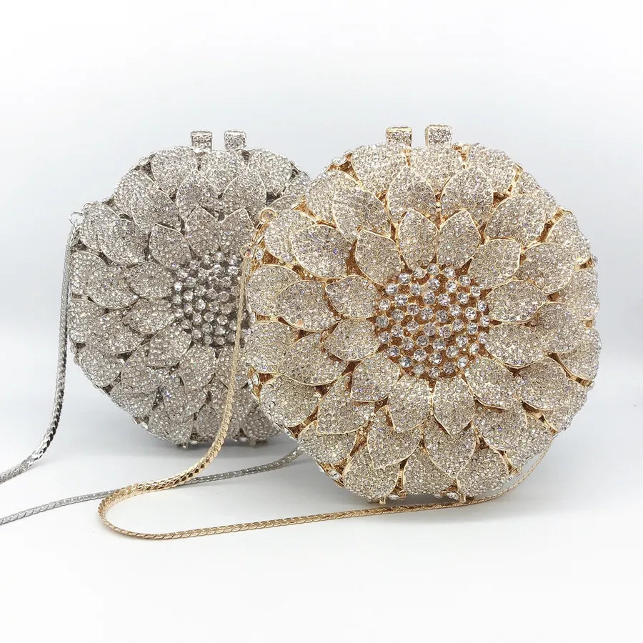 Gold Silver Rhinestone Metal Flower Round Evening Bags