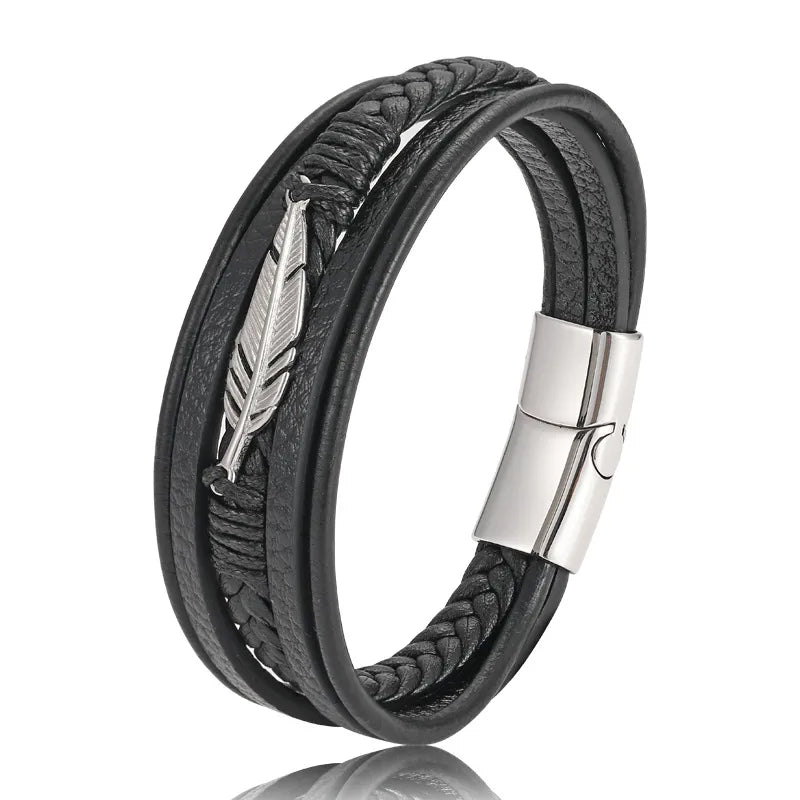 Vintage Style Classic Style Geometric Pu Leather Titanium Steel Woven Chain Wrap Bracelets Wholesale